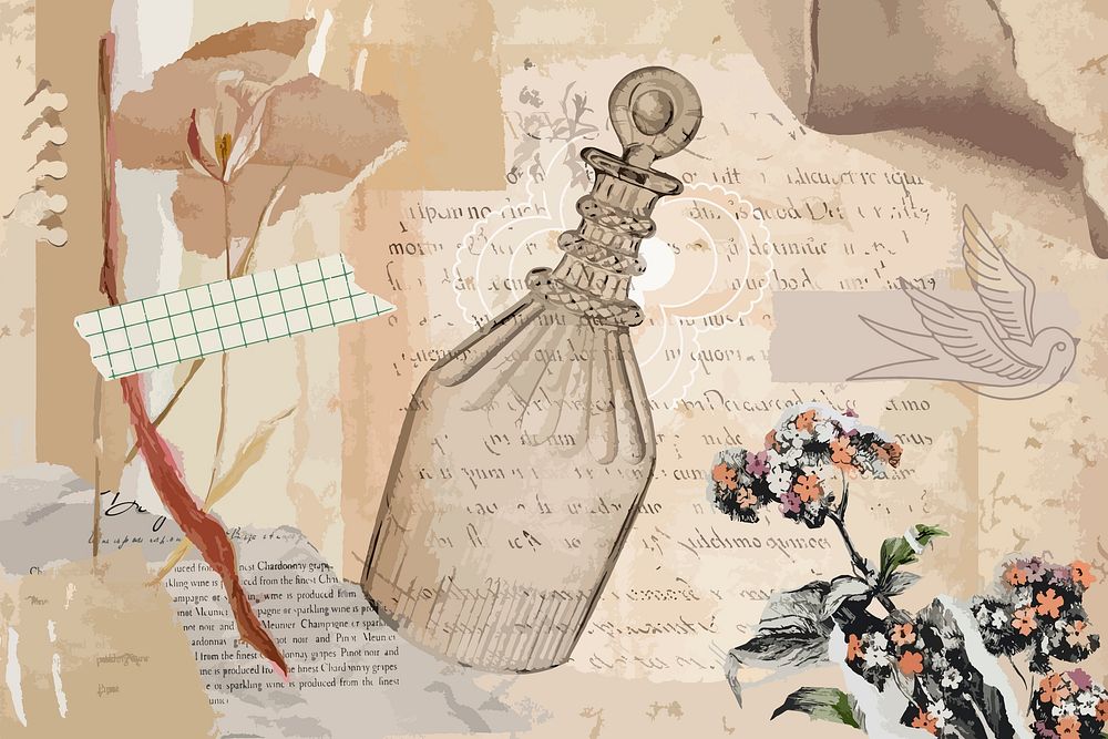 Vintage aesthetic ephemera collage, mixed media background featuring perfume bottle and flower vector