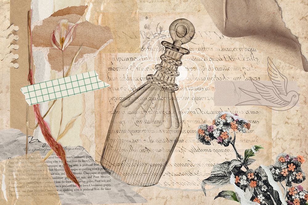 Vintage aesthetic ephemera collage, mixed media background featuring perfume bottle and flower