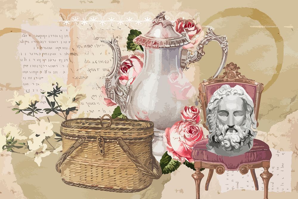 Vintage aesthetic ephemera collage, mixed media background featuring teapot and Greek statue head vector