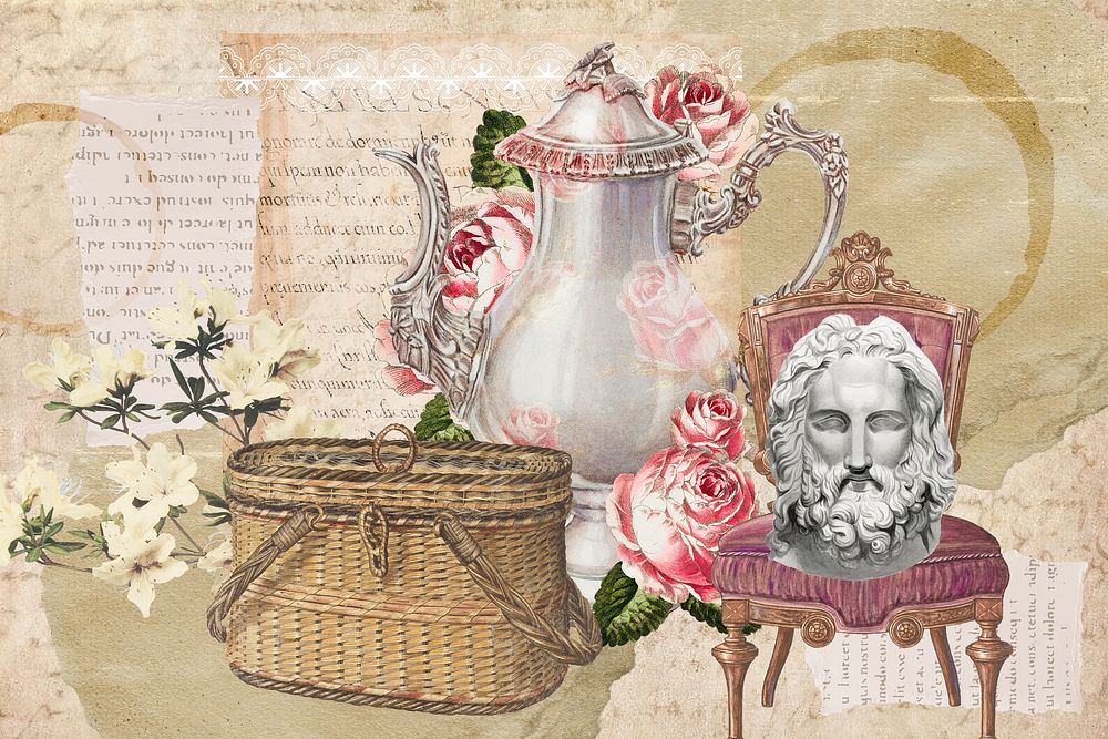 Vintage aesthetic ephemera collage, mixed media background featuring teapot and Greek statue head