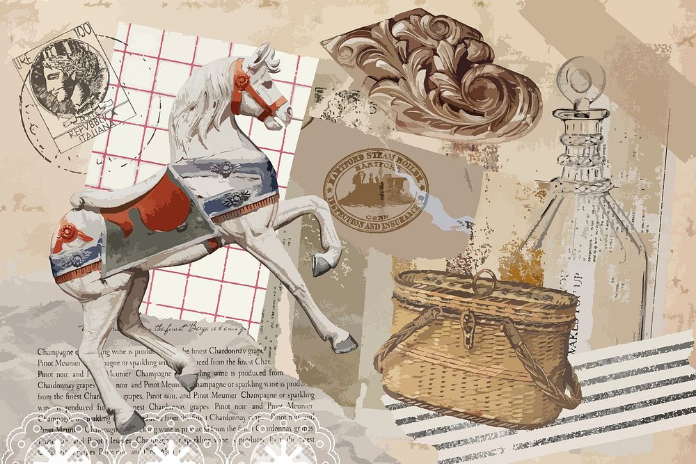 Vintage aesthetic ephemera collage, mixed media background featuring horse and basket vector