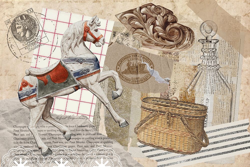 Vintage aesthetic ephemera collage, mixed media background featuring horse and basket psd
