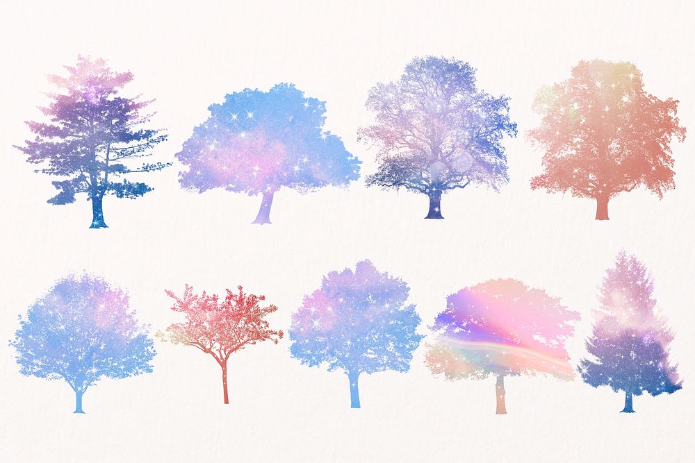 Holographic tree, aesthetic design stickers set psd