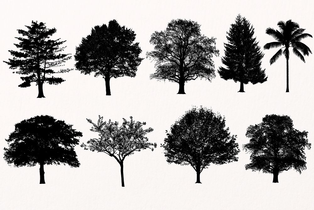 Silhouette tree stickers set, nature design psd