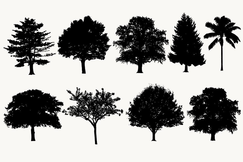 Silhouette tree stickers set, nature design vector