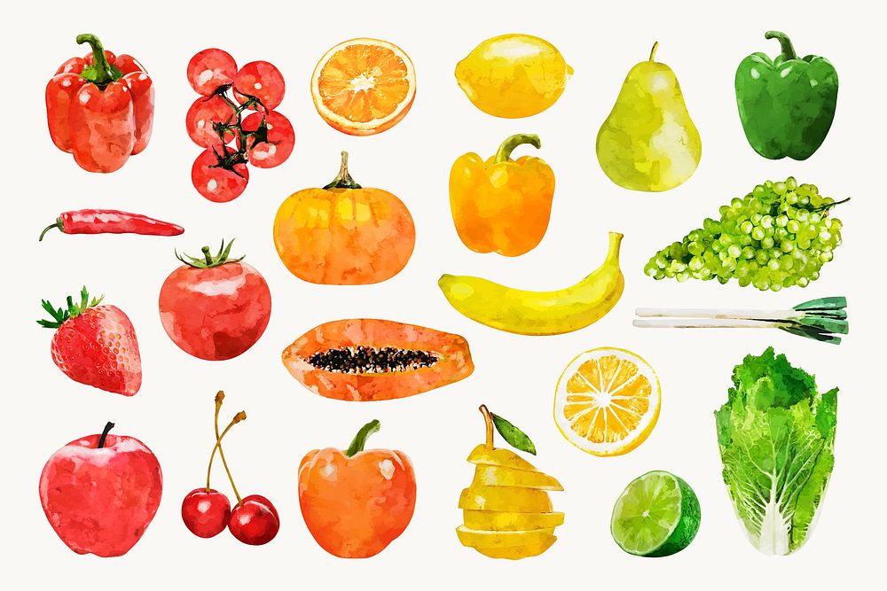 Fruits, vegetables sticker, organic ingredients vector set
