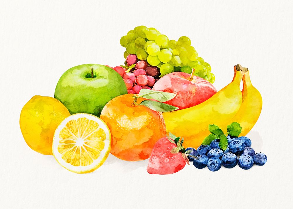 Watercolor fruit background, still life food