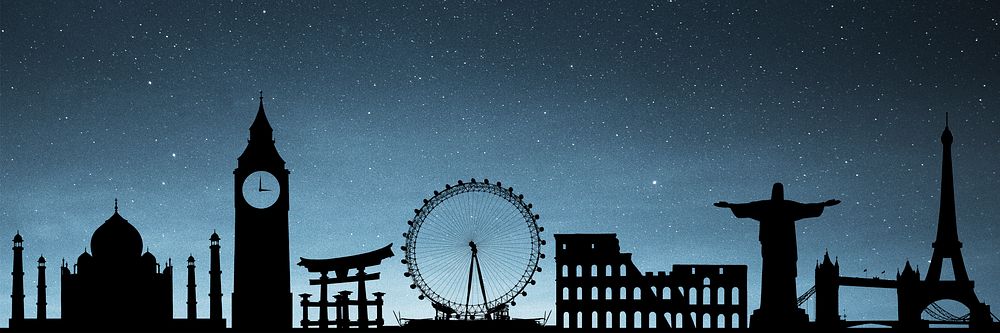 Starry sky, famous world attractions silhouette background psd