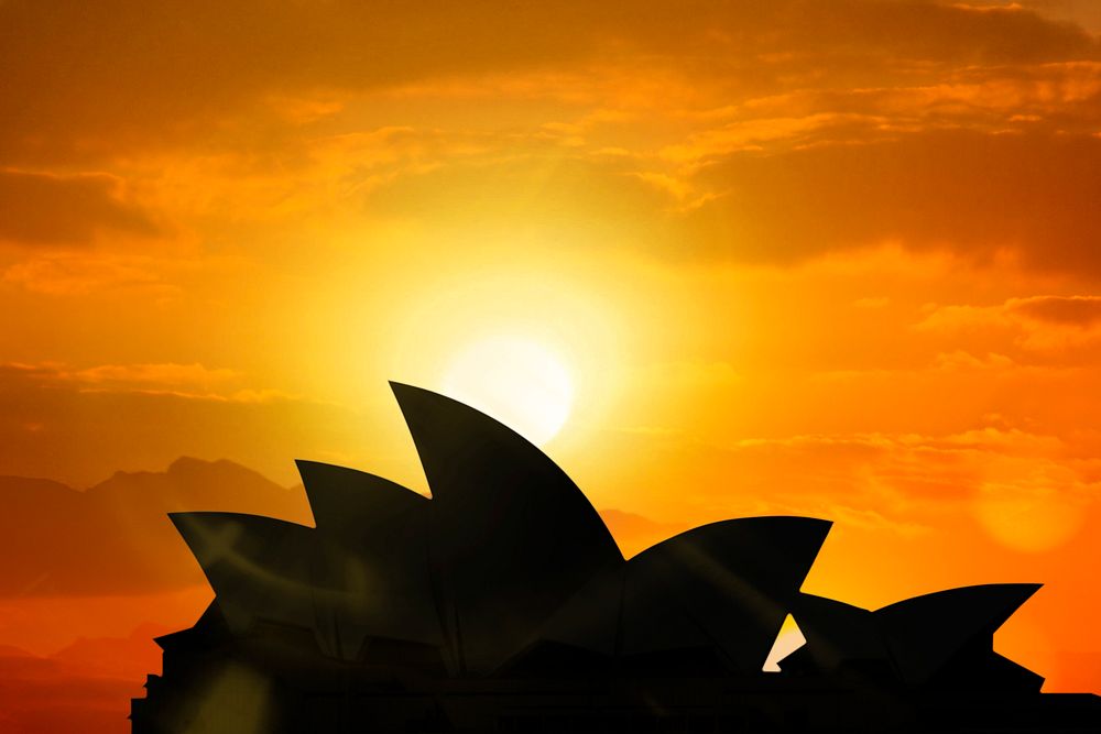 Opera House sunset background, Sydney's famous architecture 