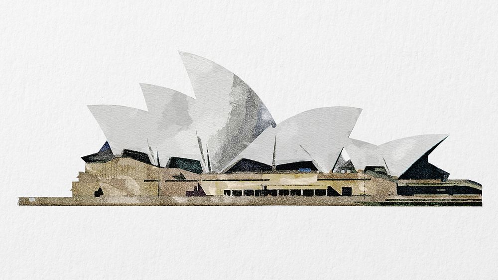Sydney opera house sticker, watercolor illustration background psd