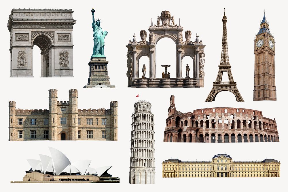 Historical tourist attractions clipart, architecture set psd