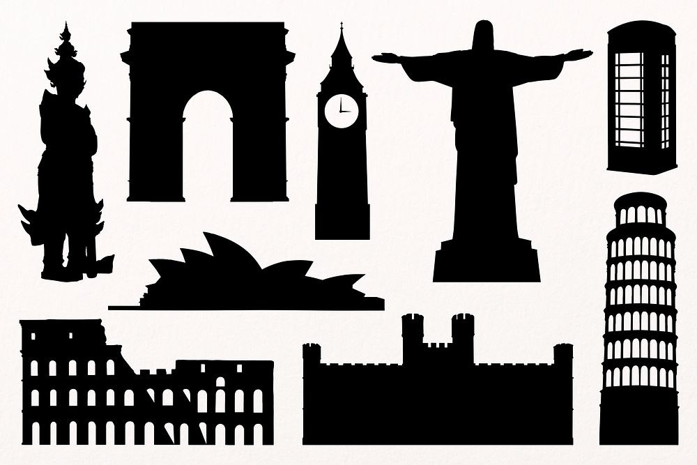 Tourist attractions, historical architecture silhouette sticker set psd
