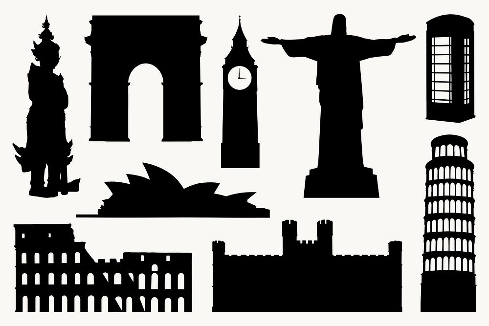 World tourist attractions, historical architecture silhouette sticker set vector