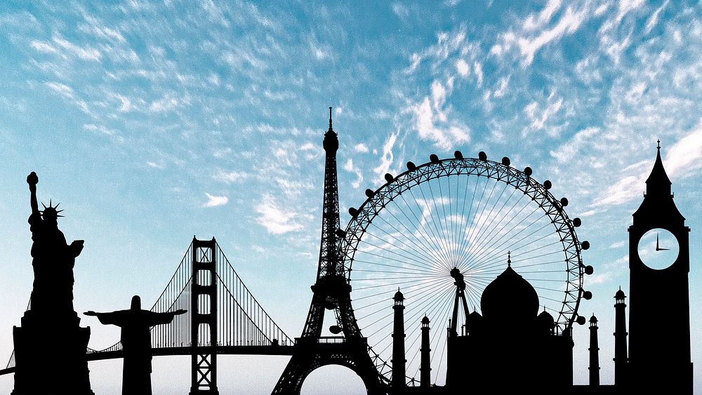 Blue sky computer wallpaper, famous landmarks silhouette psd