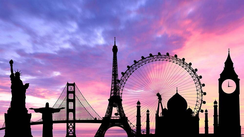 Aesthetic sky desktop wallpaper, tourist attractions silhouette psd