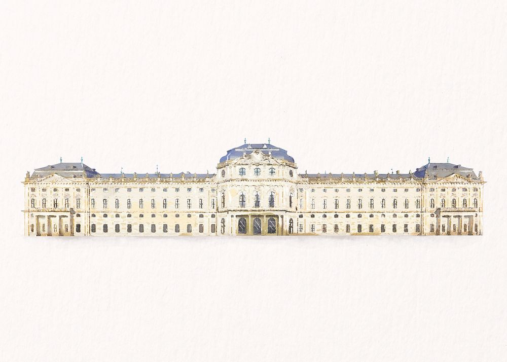 The Wurzburg Residence watercolor illustration, German famous architecture psd