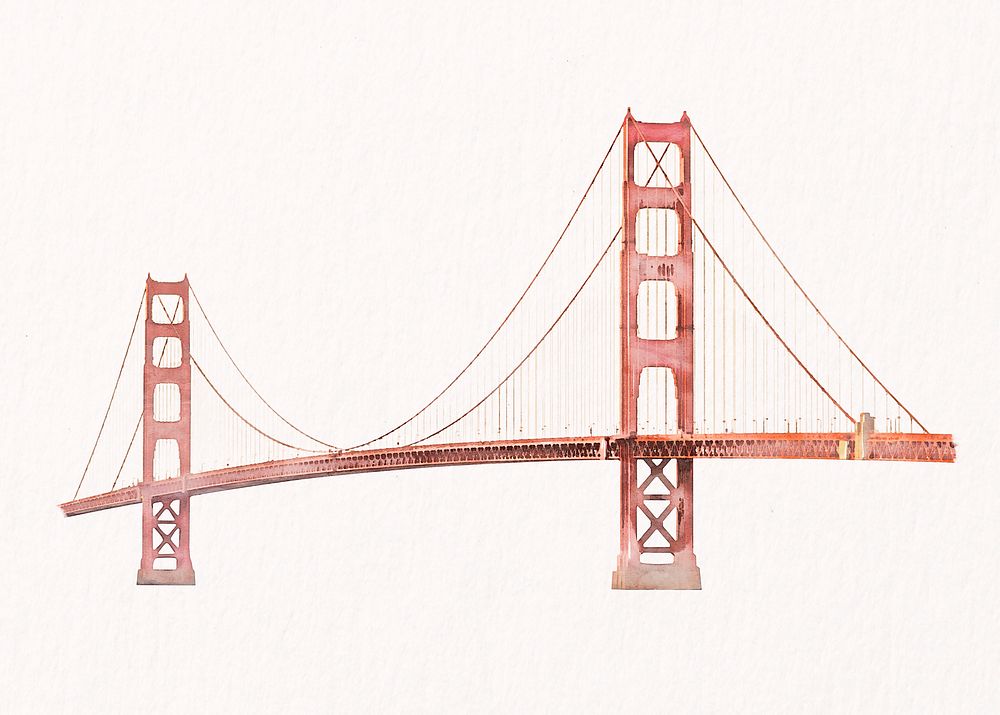 Watercolor Golden Gate Bridge clipart, San Francisco's architecture illustration psd