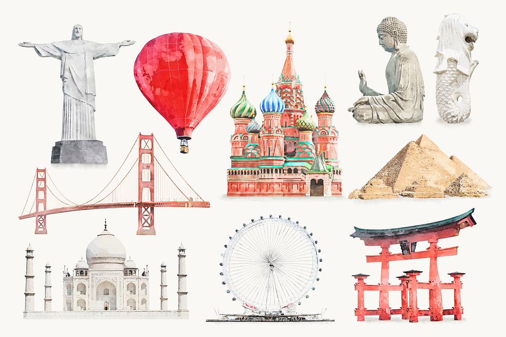 Watercolor tourist attractions illustration, aesthetic design set vector