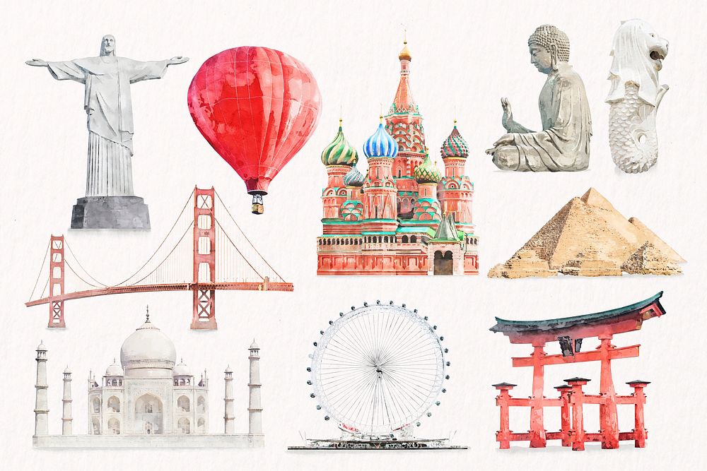 Watercolor world tourist attractions illustration, aesthetic design set psd