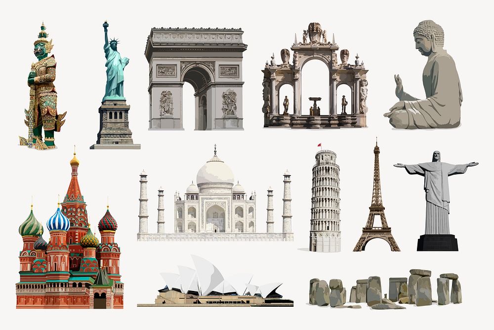 World's famous landmarks sticker, architecture illustration set vector