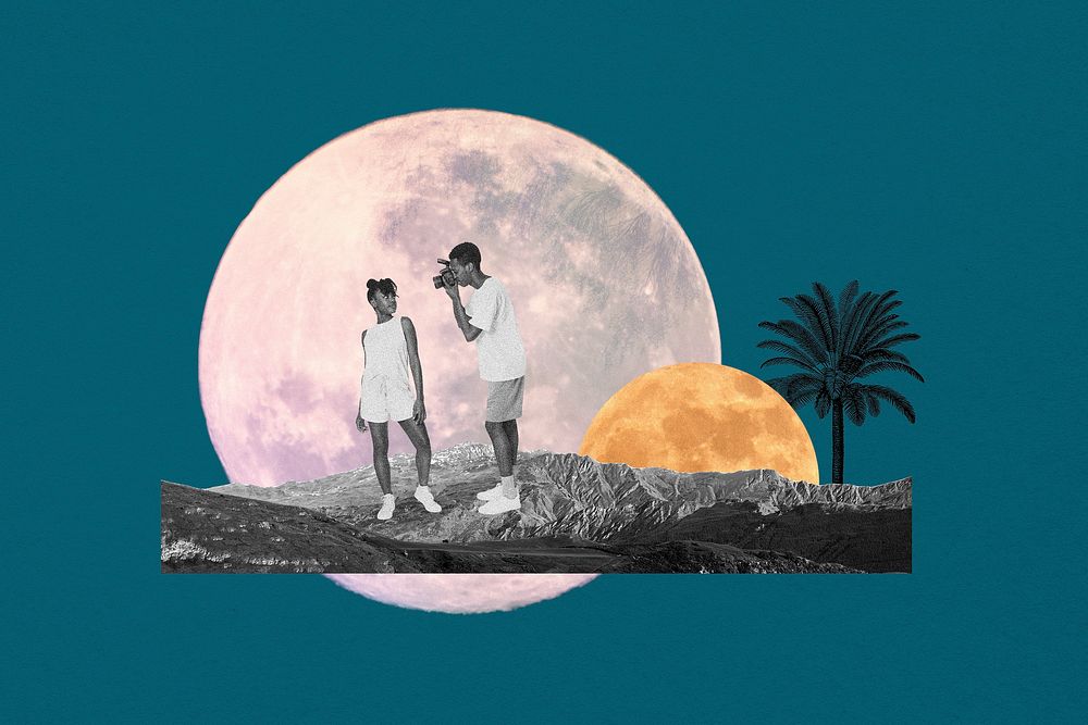 Surreal moon clipart, summer couple in space remixed media psd