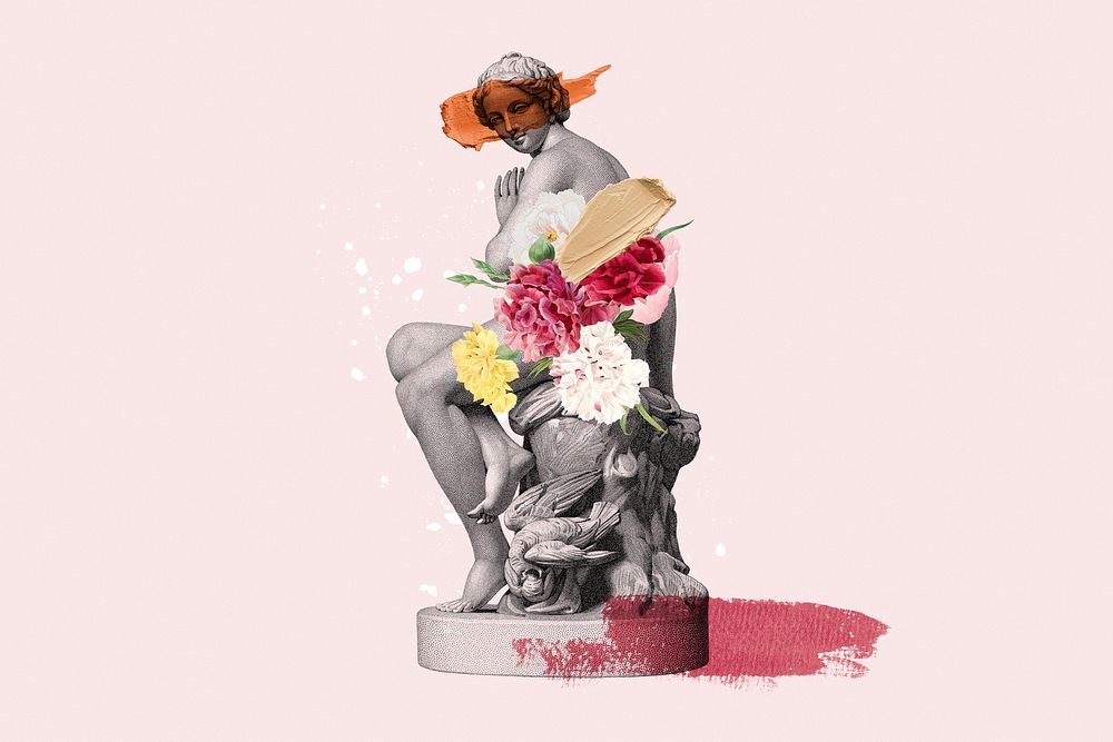 Floral Greek goddess statue, surreal feminine remixed media psd