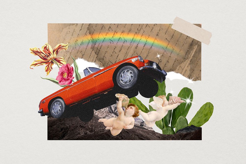 Aesthetic convertible car clipart, surreal flower remixed media psd