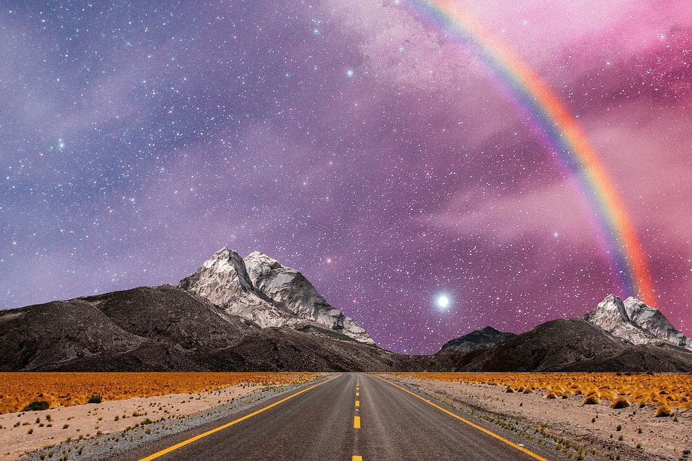 Aesthetic canyon road background, surreal pink starry sky remix