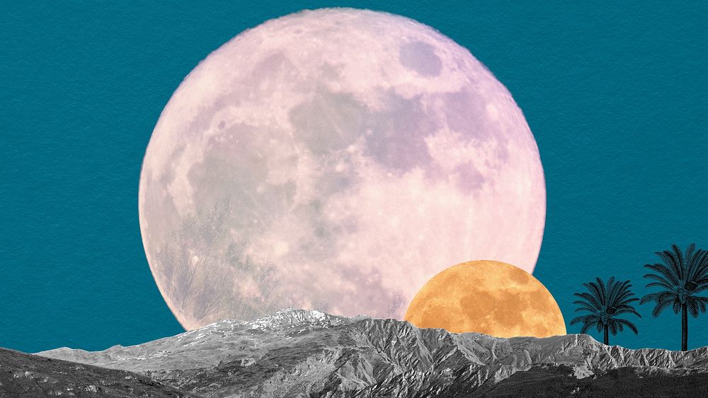 Surreal moon computer wallpaper, space aesthetic remixed media HD background