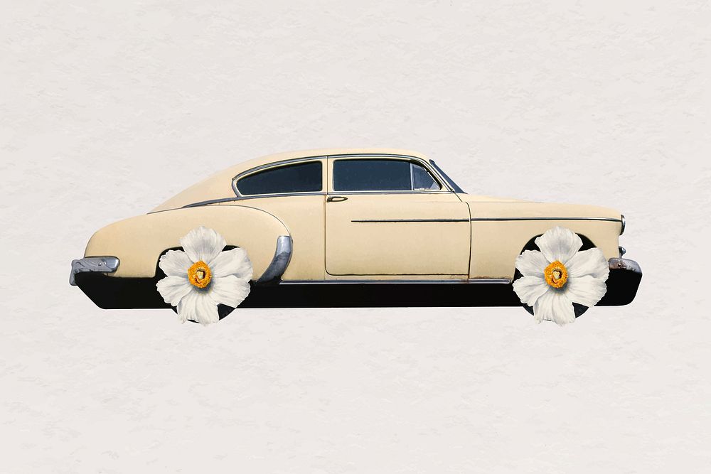 Classic car clipart, surreal flower tires, vehicle remix vector
