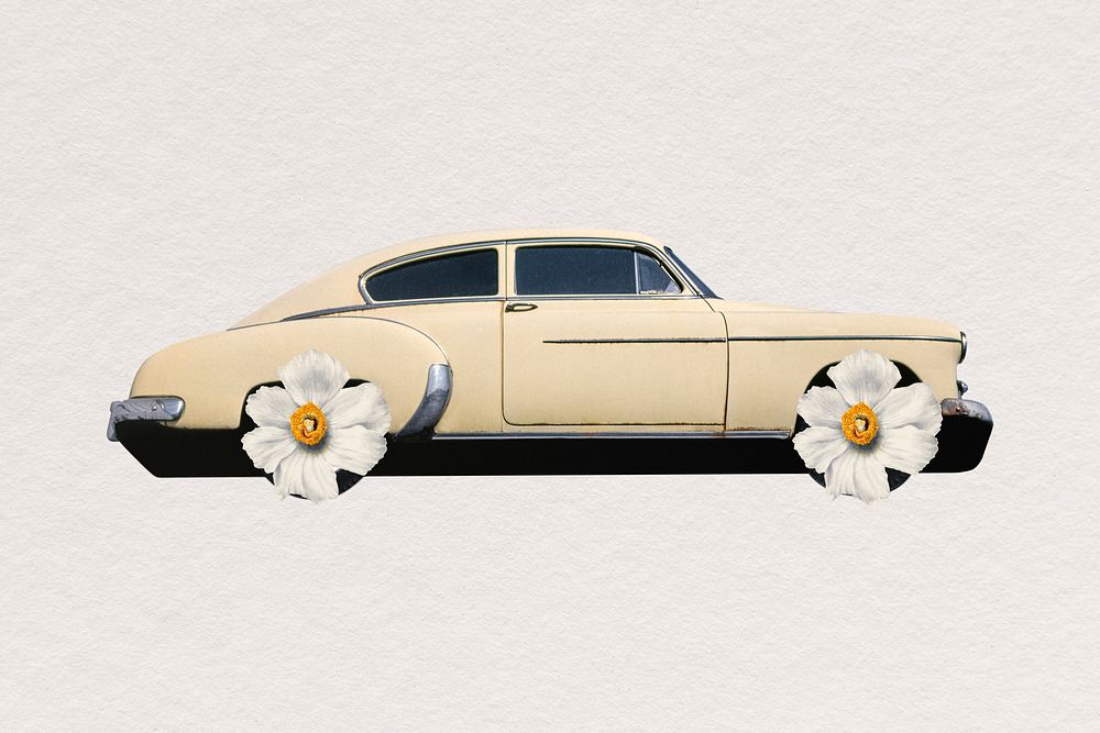 Classic car clipart, surreal flower tires, vehicle digital art remix