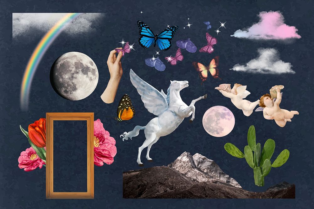 Fantasy aesthetic collage element, magical creatures and nature set vector