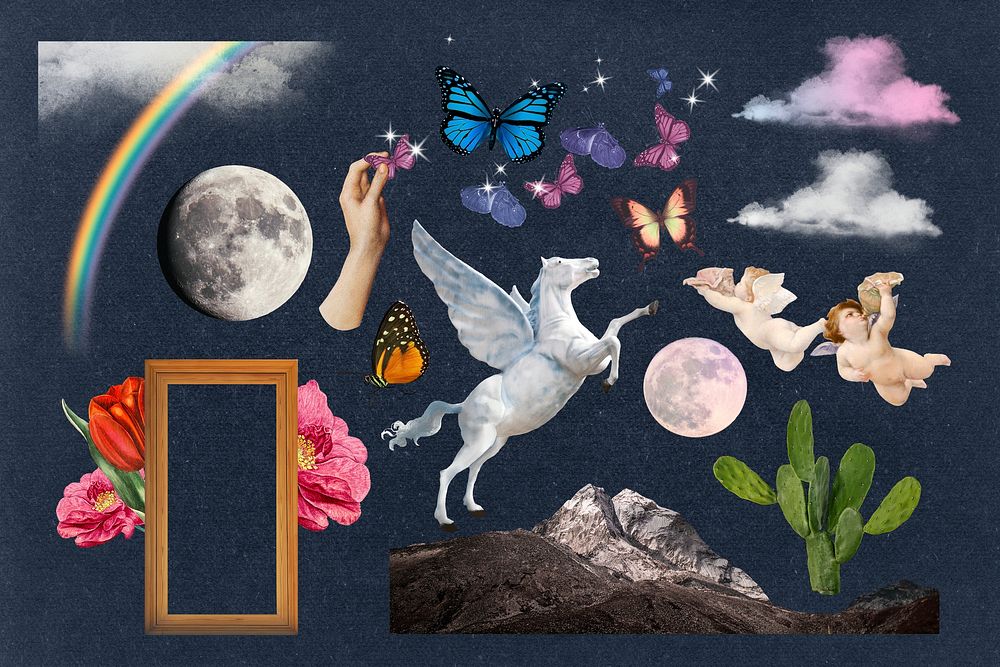 Fantasy aesthetic collage element, magical creatures and nature set psd