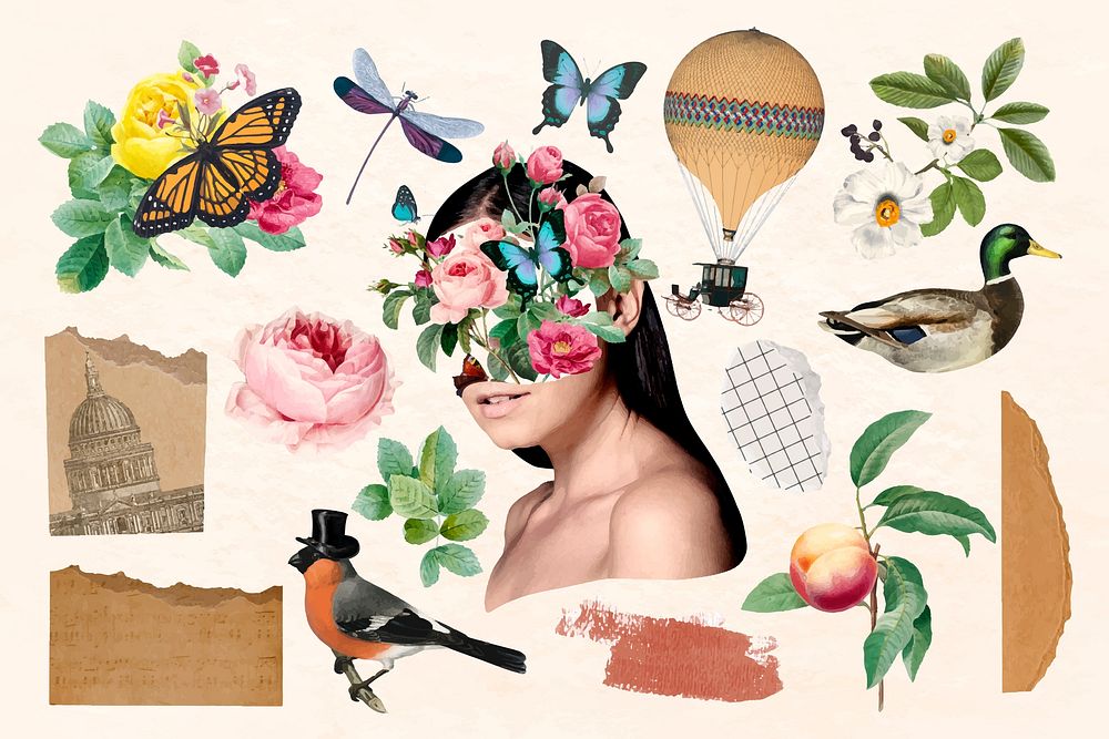 Aesthetic collage sticker, surreal escapism design set vector