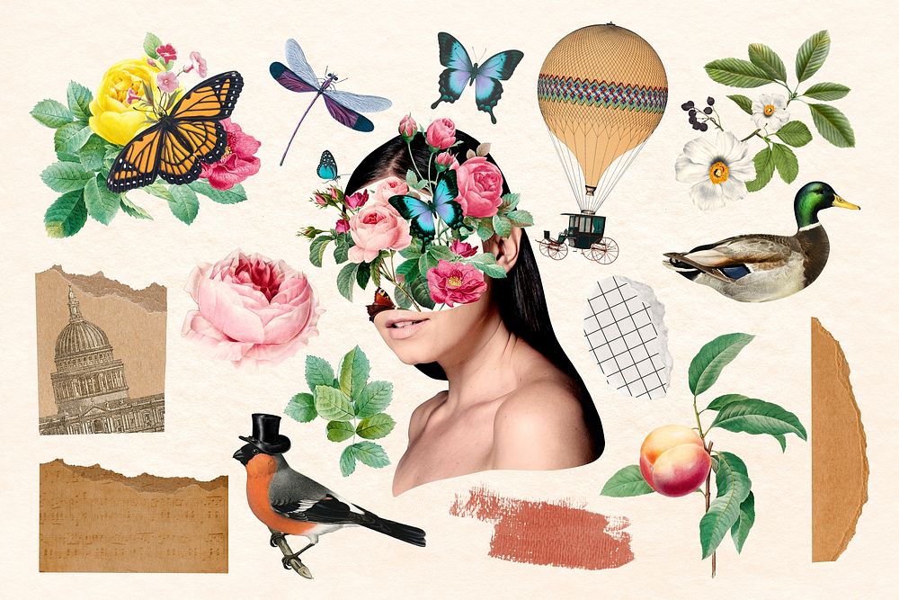 Aesthetic collage sticker, surreal escapism design set psd