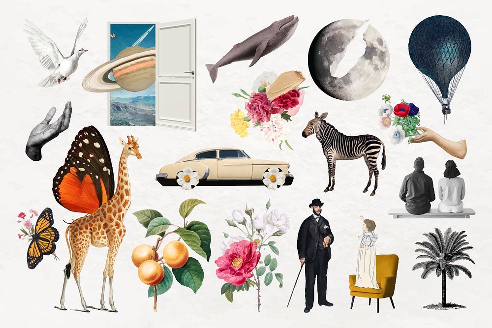 Exotic animals sticker, aesthetic surreal art set vector