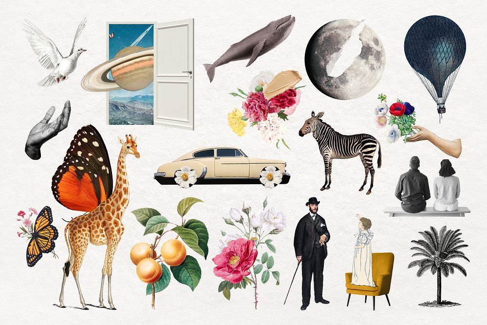Exotic animals sticker, aesthetic surreal art set psd