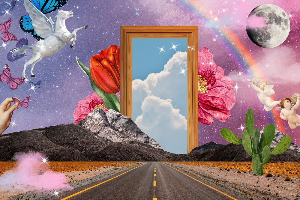 Dreamy road background, aesthetic surreal escapism collage art psd