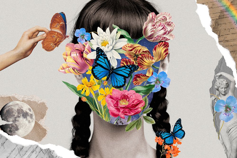 Surreal woman portrait background, flower, nature remixed media