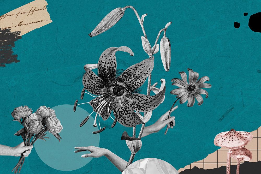 Creepy surrealism collage background, vintage flower design