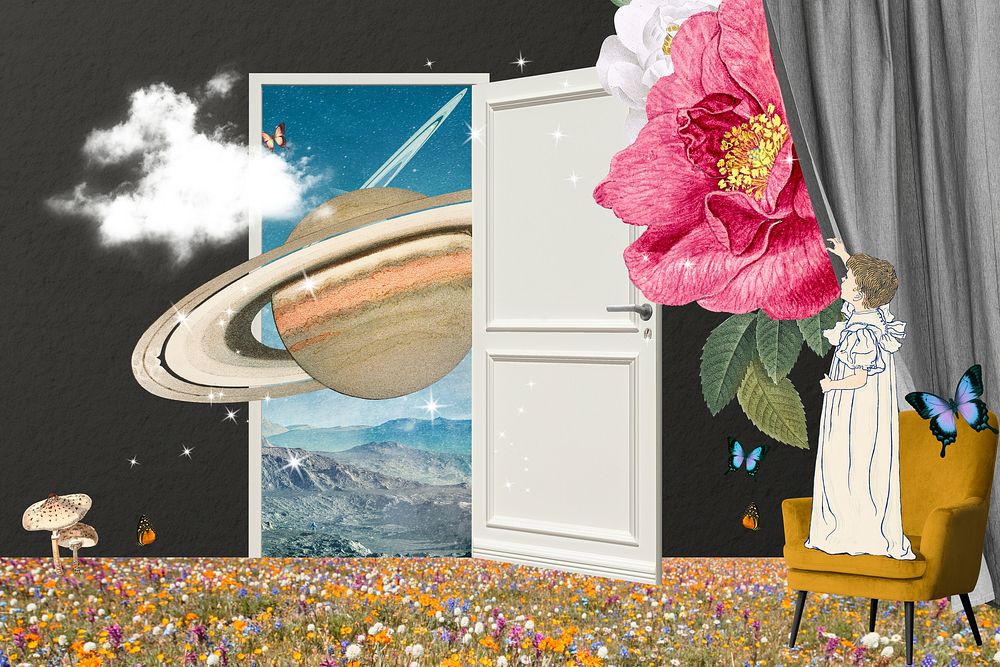 Portal to space background, surreal escapism collage art psd