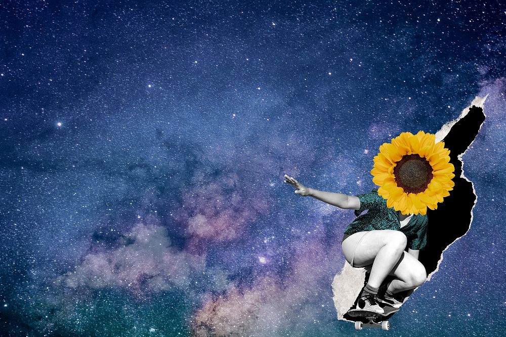 Aesthetic galaxy background, skater girl collage border