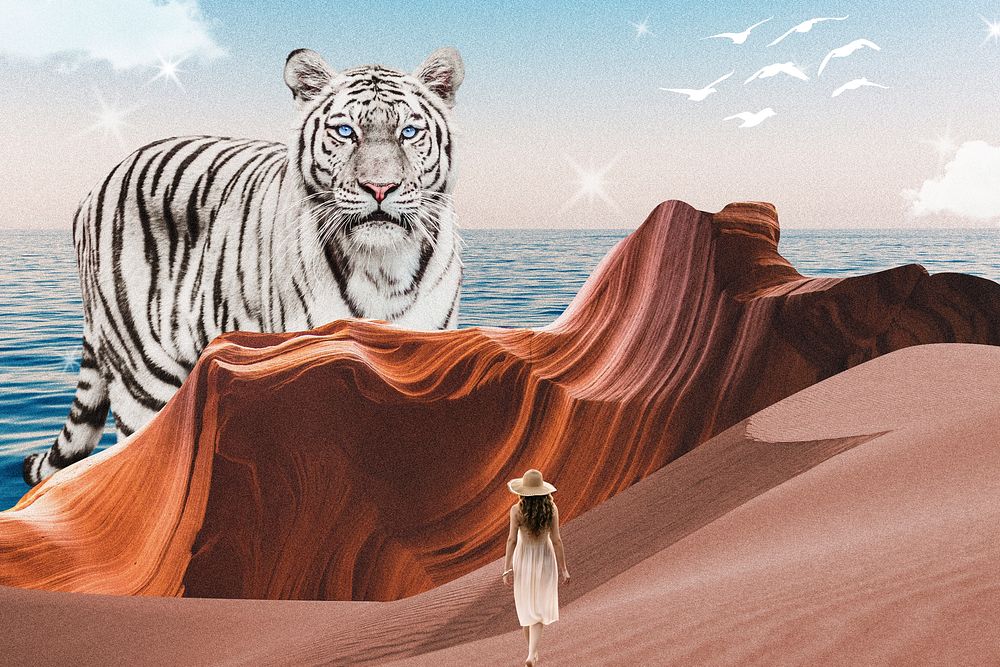 Antelope canyon background, surreal art with tiger, travel remixed media