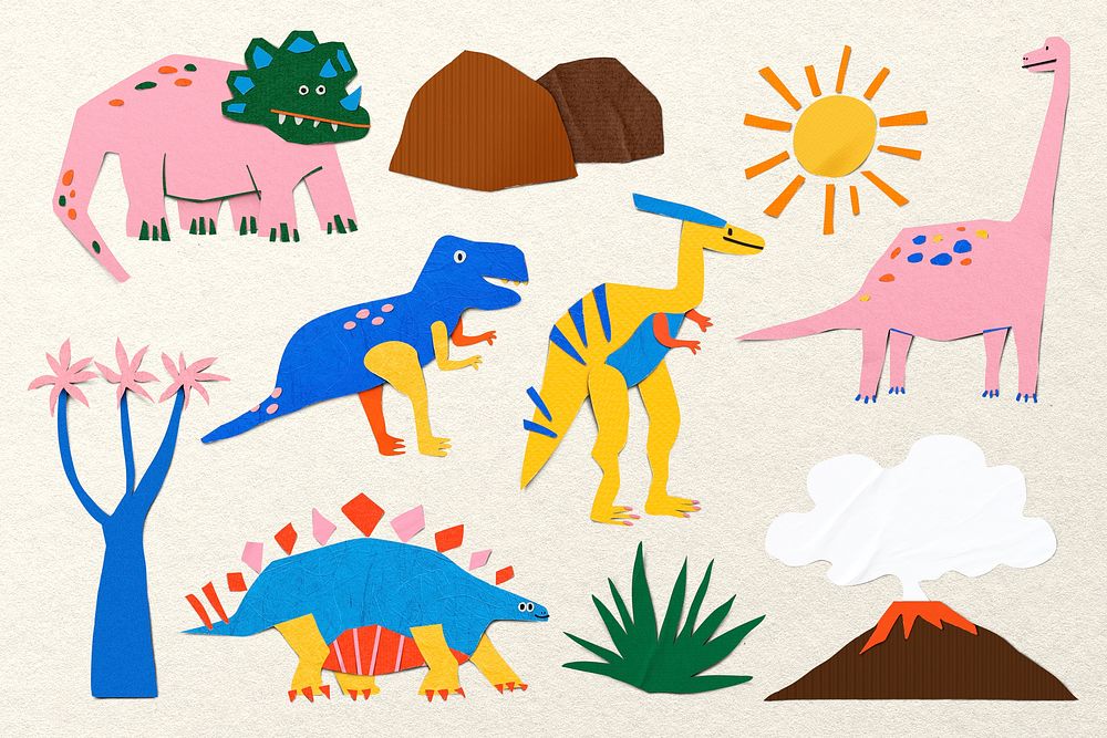 Dinosaur paper craft, colorful collage element set psd