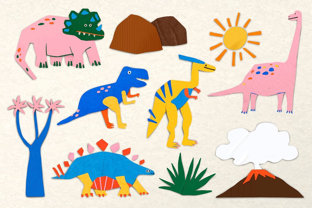 Paper craft dinosaur, nature collage element vector set