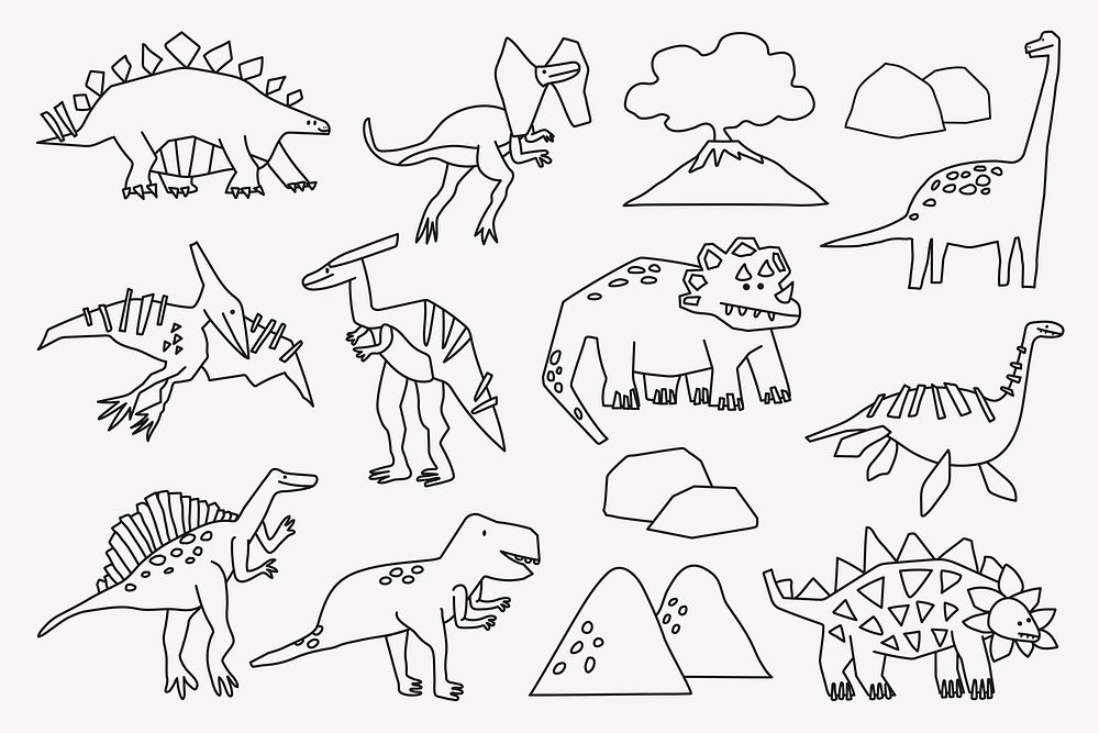 Outline dinosaur and nature, collage element psd set