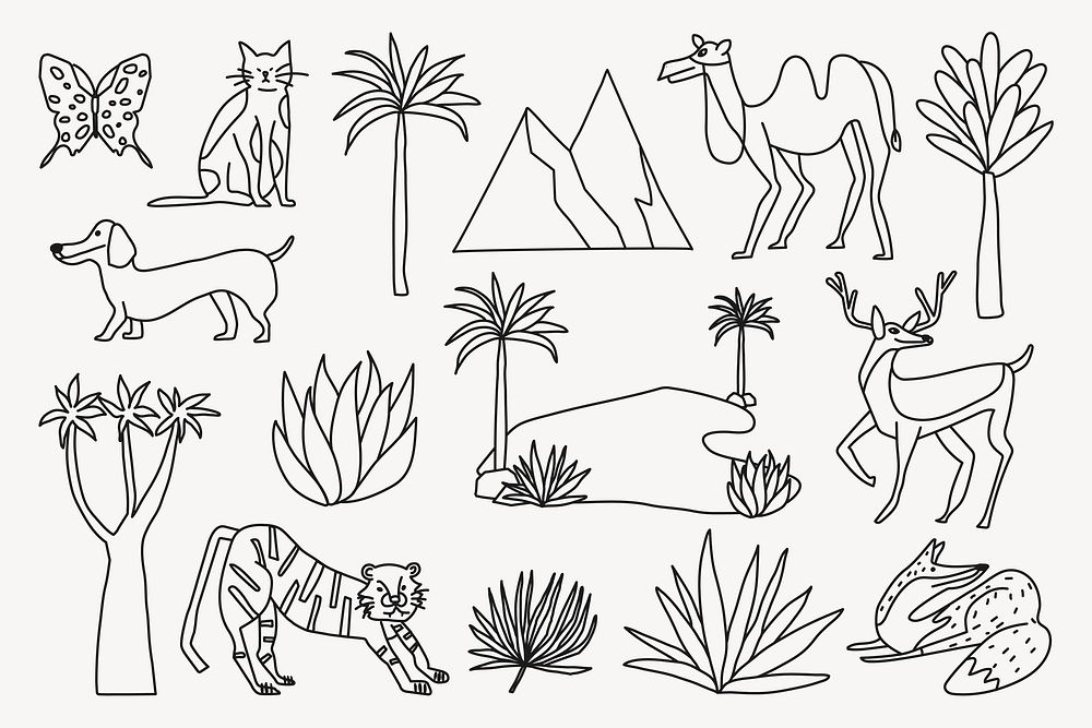 Animal outline, nature collage element vector set
