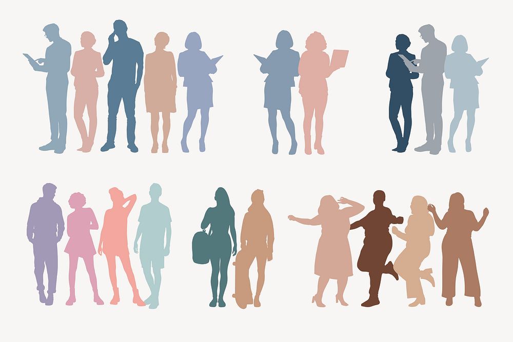 Mixed people pastel silhouette, collage element set psd