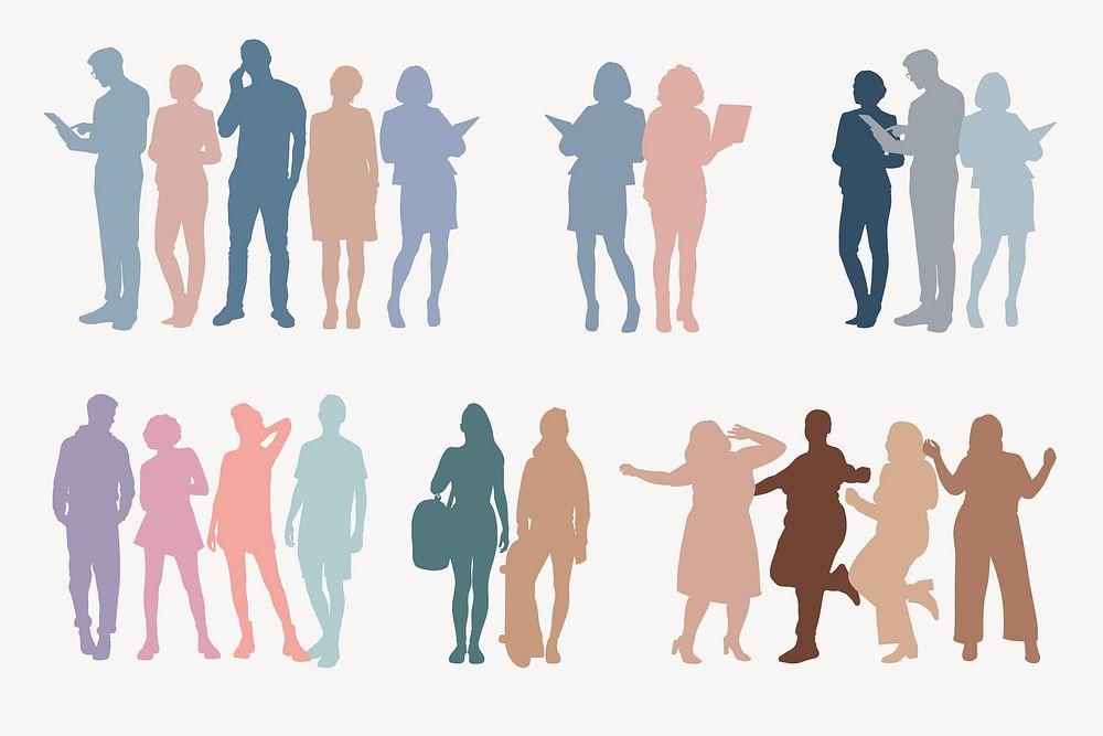 Mixed people pastel silhouette, collage element set vector