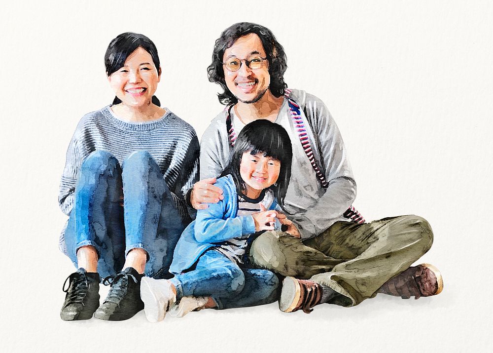 Cute Asian family watercolor illustration